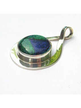 Sterling Silver Teardrop Pendant Blue & Green Dichroic Glass Handmade In Mexico